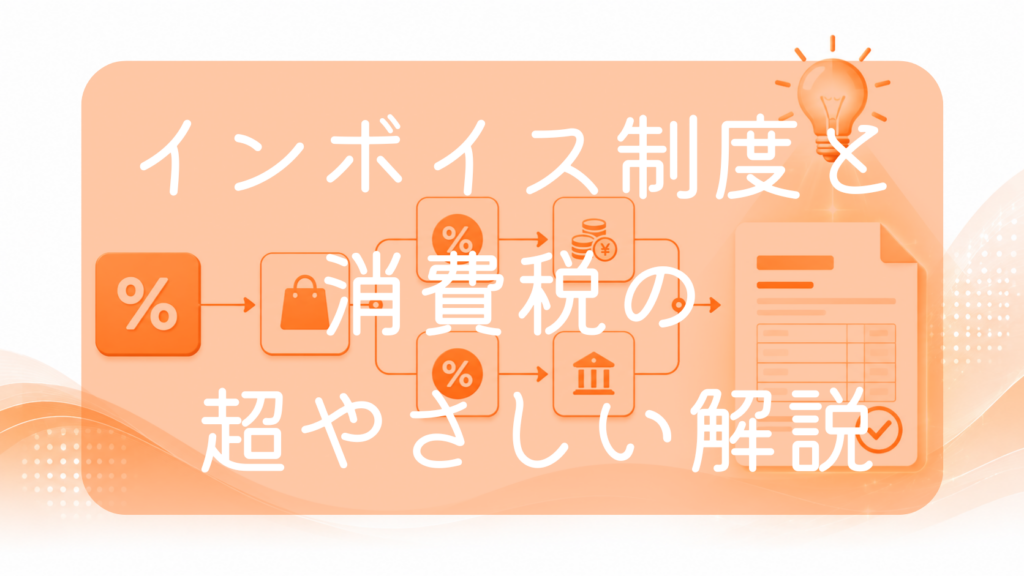 オレンジ色の背景に、パーセンテージ、買い物バッグ、日本円のコイン、建物のアイコンが矢印のフロー図でつながり、最終的にチェックマークのある書類（請求書）へと至るイラスト。右上にはひらめく電球。中央に「インボイス制度と消費税の超やさしい解説」の文字。複雑な税制度の流れを分かりやすくイメージした画像です。