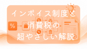 オレンジ色の背景に、パーセンテージ、買い物バッグ、日本円のコイン、建物のアイコンが矢印のフロー図でつながり、最終的にチェックマークのある書類（請求書）へと至るイラスト。右上にはひらめく電球。中央に「インボイス制度と消費税の超やさしい解説」の文字。複雑な税制度の流れを分かりやすくイメージした画像です。