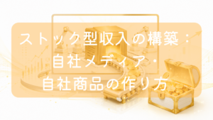 薄いオレンジ色の背景に、製造マシーンからベルトコンベアに乗って金貨が次々と運ばれ、右下にある開いた宝箱の中に溜まっていく仕組みを表したイラスト。背景には上昇するグラフのラインも描かれている。中央に「ストック型収入の構築：自社メディア・自社商品の作り方」の文字。収入の自動化や仕組み化をイメージした画像です。