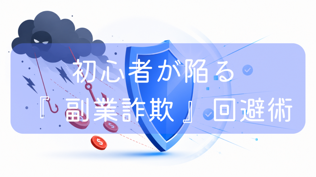 左側の暗い雷雲からお金を餌にした釣り針が垂れ下がり、それを中央の大きな青い盾が跳ね返しているイラスト。中央に「初心者が陥る『副業詐欺』回避術」の文字。副業詐欺の罠から身を守るリスク管理をイメージした画像です。