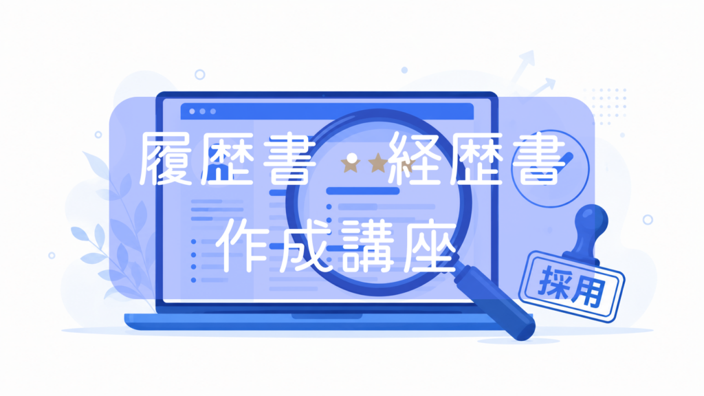 ートパソコンの画面に表示された職務経歴書を大きな虫眼鏡で拡大・チェックしているイラスト。右下に「採用」の青いスタンプ。中央に「履歴書・経歴書作成講座」の文字。複業・フリーランス向けの応募書類作成をイメージした画像です。
